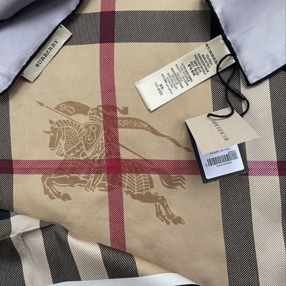 New Burberry Scarf Beige Check Gray Border Silk Wrap - Picture 8 of 13